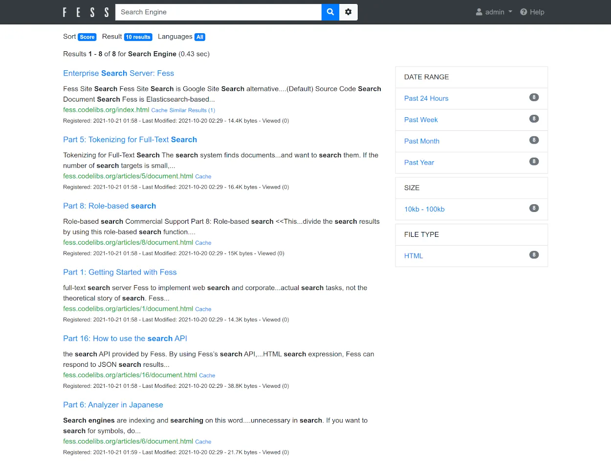 Fess search results screen